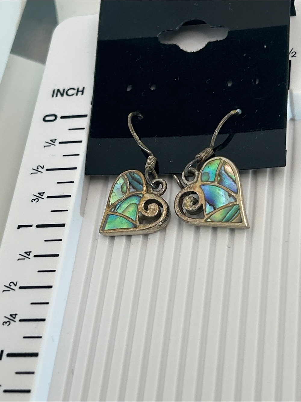 Sterling Silver Heart Abalone Inlay Drop Earrings - Iridescent Blue-Green - Picture 4 of 4